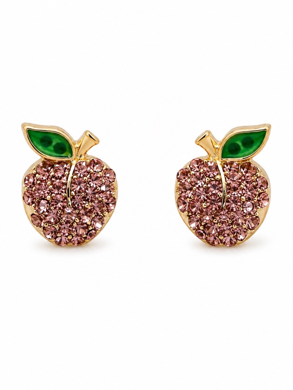 Gold-Tone Pink Crystal Apple Stud Earrings with Green Leaf Accent
